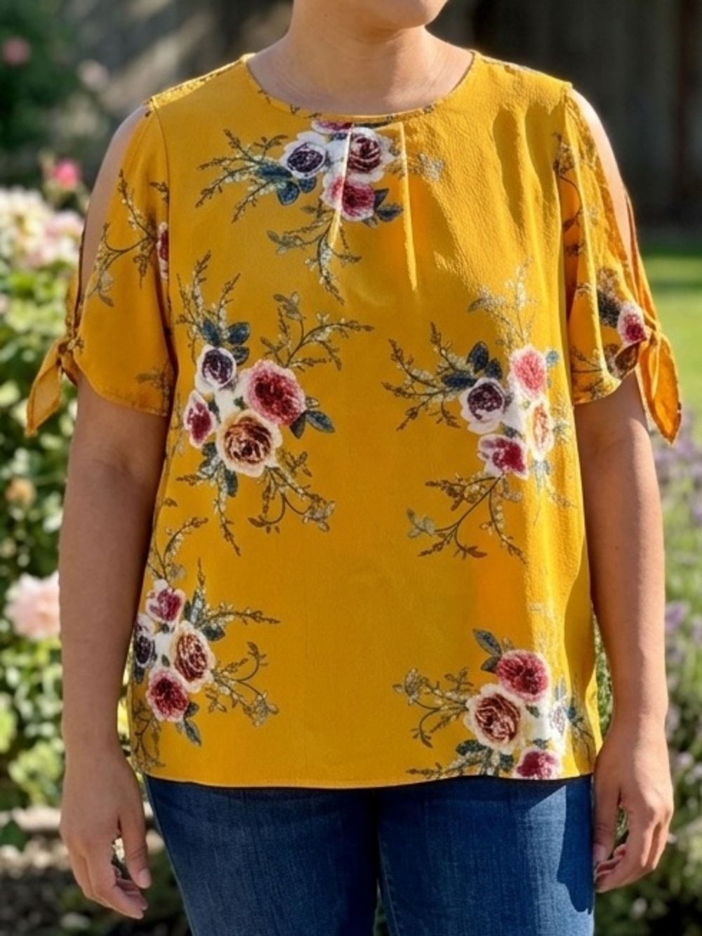 SHEIN Curve Yellow Floral Slit Sleeve Blouse Sz 0XL Plus Size Tie Detail Top EUC
